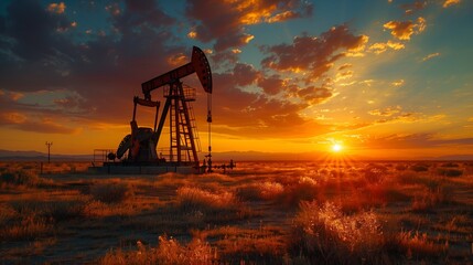 Sunset over oil pump jack. An oil pump jack silhouetted against a dramatic sunset sky with radiant colors of orange and blue