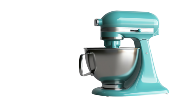 A teal stand mixer with a stainless steel bowl on a white background. Ideal for baking and cooking enthusiasts.