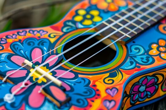 Closeup of a vibrant and colorful handpainted ukulele with a detailed floral pattern, showcasing the artistic craftsmanship and cultural significance of this traditional polynesian instrument