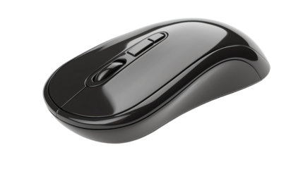 Black wireless computer mouse isolated on a white background, featuring ergonomic design and scroll wheel for easy navigation and usage.