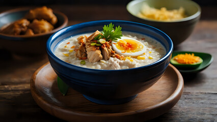 A close-up shot of Indonesian bubur ayam, chicken porridge