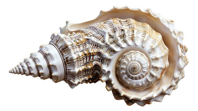 Close-up of a detailed, spiral seashell showcasing beautiful patterns and textures in neutral tones. Ideal for nature and ocean-themed designs.