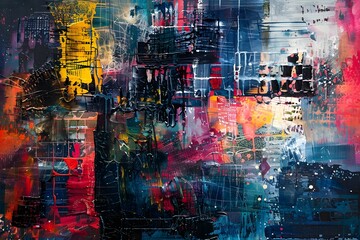 A painting of a cityscape with a lot of splatters of paint. The colors are bright and the brushstrokes are thick. The mood of the painting is chaotic and energetic