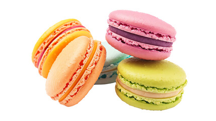 Obraz premium Colorful assorted macarons on a white background. Sweet and delicious French dessert cookies in various vibrant flavors and colors.