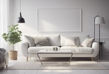 White living room with sofa and poster