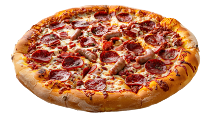 Delicious pizza with salami, sausages, mozzarella and tomato sauce, isolated on transparency background