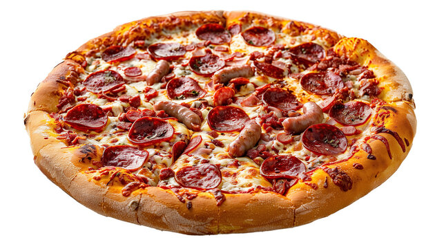 Delicious pizza with salami, sausages, mozzarella and tomato sauce, isolated on transparency background