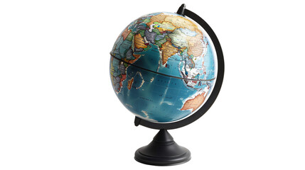 Colorful world globe on a black stand, isolated on transparent background. Perfect for education, travel inspiration, and geography themes.