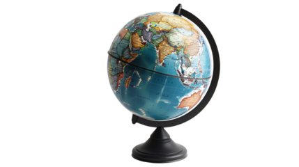 Colorful world globe on a black stand, isolated on transparent background. Perfect for education, travel inspiration, and geography themes.