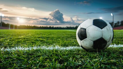 Fototapeta premium a soccer ball on the field of a large modern stadium with bright lights and a crowd of people in the background at night, designed as a banner.