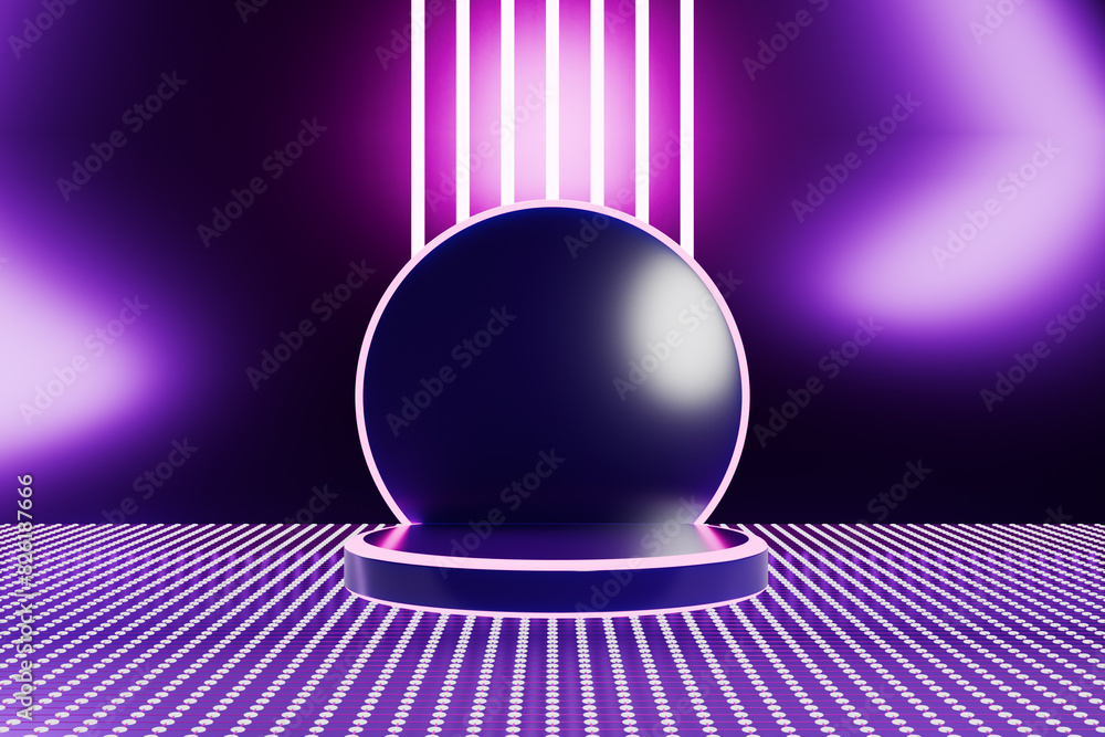 Aufkleber futuristic glowing sphere with neon lights on a reflective grid background.3d rendering