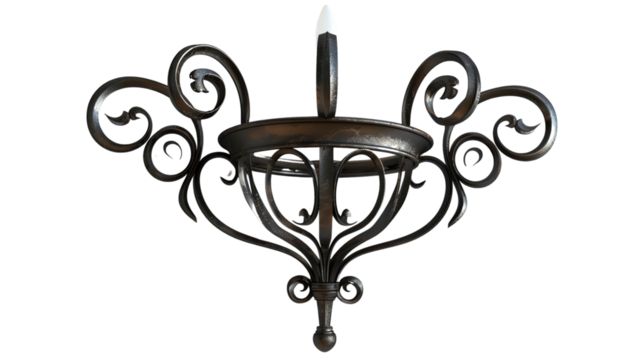 Elegant black iron chandelier with intricate scrollwork design, perfect for classic or vintage interiors, adding a touch of sophistication to any room.