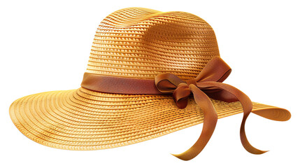 Elegant straw hat with a brown ribbon bow, ideal for summer fashion and beachwear, showcasing a timeless fashion accessory.