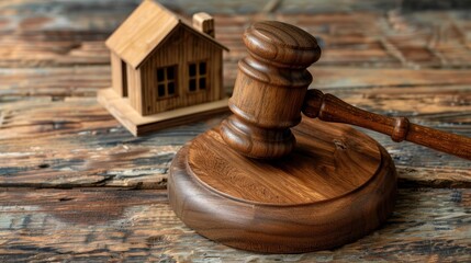 Concept of Justice and Law: Conceptual image of a wooden gavel and house model in a legal context