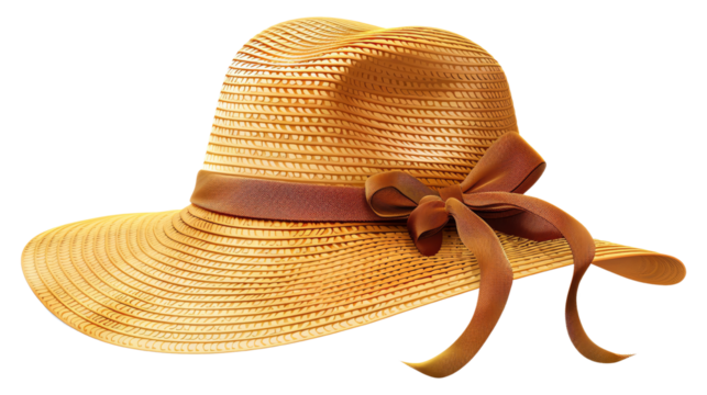 Elegant straw hat with a brown ribbon bow, ideal for summer fashion and beachwear, showcasing a timeless fashion accessory.