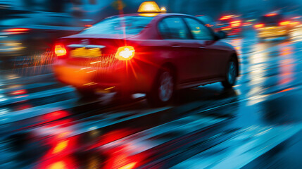 Fototapeta premium The red taxi is driving through the rain.