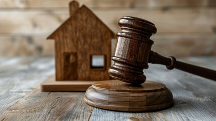 Concept of Justice and Law: Conceptual image of a wooden gavel and house model in a legal context