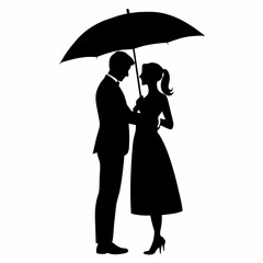 A Romantic couple holding umbrella vector silhouette, isolated white background