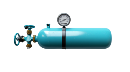 High-pressure steel gas cylinder with valve and pressure gauge, isolated on transparent background, idea for industrial, medical, and laboratory use.