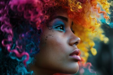 Side profile of a young woman with multicolored curly hair and creative makeup