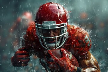 Dynamic image of an American football player mid-game, rain droplets adding intensity