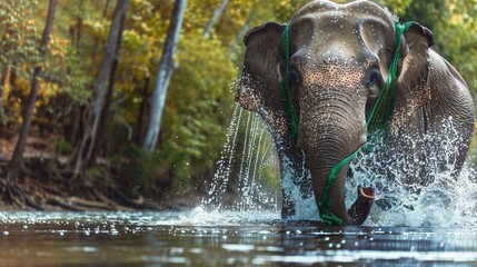  An elephant splashes in a body of water with its trunk raised high - Powered by Adobe