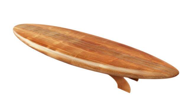 Wooden surfboard isolated on transparent background. Perfect for beach sports, surfing enthusiasts, and coastal decor.