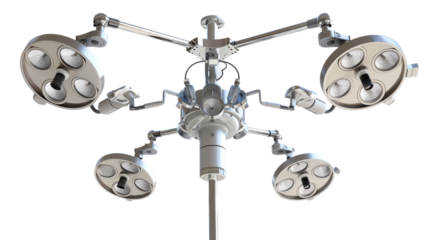 High-tech surgical operating room lights with multiple adjustable heads designed for medical procedures and hospital environments.