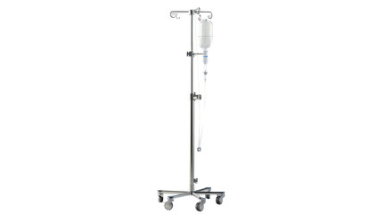 Hospital IV drip stand with fluid bag on wheels, used for patient care in medical settings including hospitals, clinics, and emergency rooms.