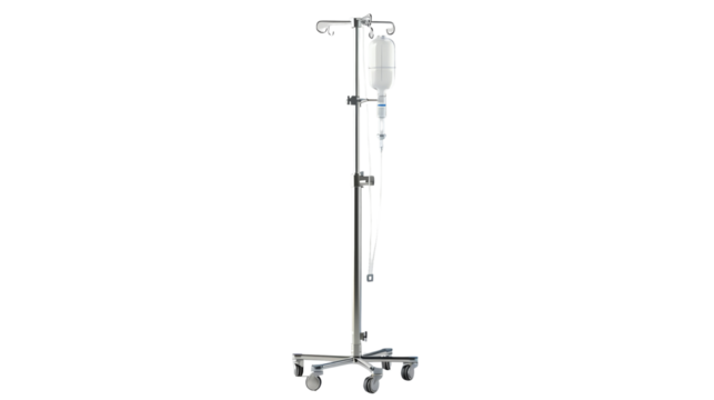 Hospital IV drip stand with fluid bag on wheels, used for patient care in medical settings including hospitals, clinics, and emergency rooms.