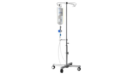 Medical IV drip stand with fluid bag and tubing, used in hospitals and clinics for intravenous therapy. Essential equipment for patient care.