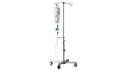 Medical IV drip stand with fluid bag and tubing, used in hospitals and clinics for intravenous therapy. Essential equipment for patient care.