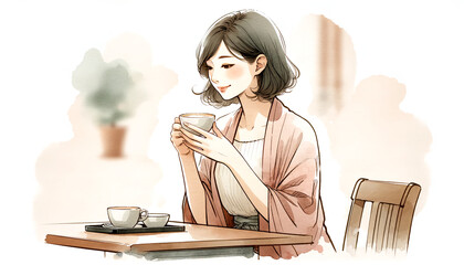 Watercolor Illustration of Japanese Woman Drinking Coffee in a Cafe