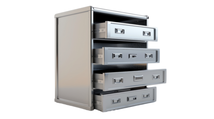 Metal filing cabinet with four open drawers isolated on transparent background. Office storage and organization concept.