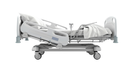Modern hospital bed with white sheets and advanced adjustments, designed for patient comfort and medical convenience.