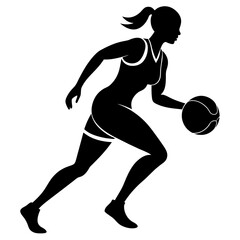 a slim female basketball run fast, holding the ball vector silhouette, isolated white background