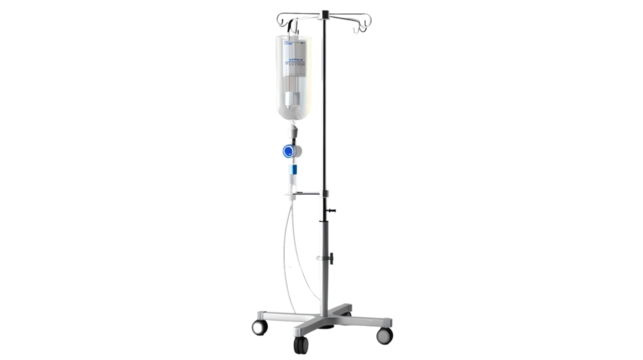 Medical IV drip stand with fluid bag and tubing, used in hospitals and clinics for intravenous therapy. Essential equipment for patient care.