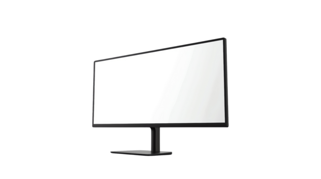 Modern widescreen computer monitor with blank screen, isolated on transparent background. Idea for technology, workspace, and office themes.