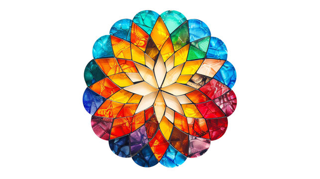 Vibrant and colorful stained glass window art resembling a geometric flower pattern, perfect for design inspiration and decorative projects.