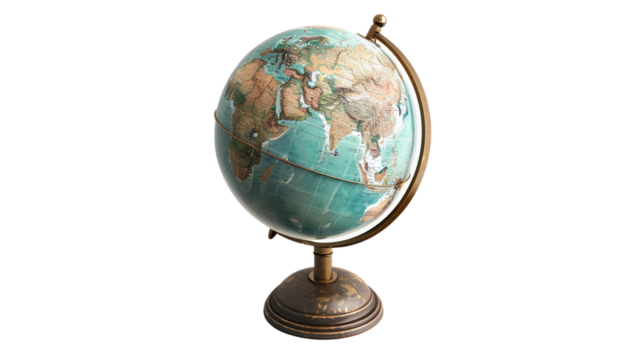 Vintage globe on a stand, showcasing the continents and oceans. Ideal for educational, travel, and decorative purposes. Classic design.