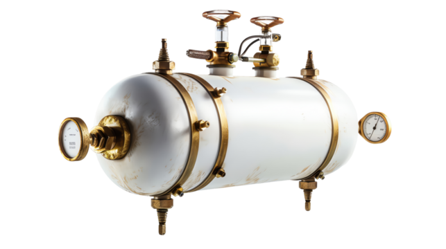 Vintage industrial pressure gauge and valve tank, isolated on transparent background, highlighting brass and steel components. - Powered by Adobe