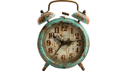 Vintage teal alarm clock with a rustic, weathered appearance, showcasing timeless charm and character in an antique style.