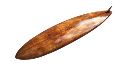 Vintage wooden surfboard isolated on transparent background, showcasing its rustic texture and classic design for surf enthusiasts and sports lovers.
