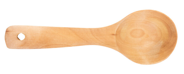 Wooden spoon isolated on transparent background, typical kitchen utensil, top view