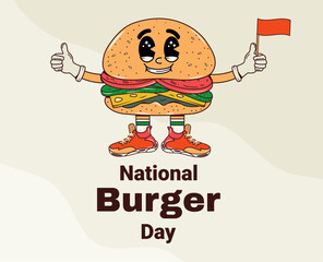 National Burger Day. Junk food day. Fast food day. Vector illustration. Burger in trendy style. Character with arms and legs in groovy style. Y2k. Retro. Concept. Hippies and psychedelics. 