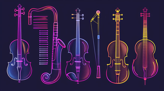 Colorful neon illustrations of string instruments on a dark background, featuring violins, cello, and other musical instruments.