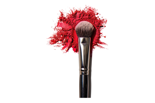 Makeup brush with red powder isolated on white background