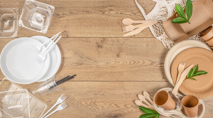 Eco friendly disposable dishes made of bamboo wood and paper, Disposable tableware made of plastic,...