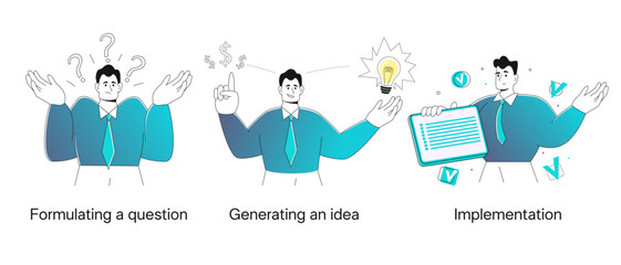 businessman project manager in flat modern styles. The concept of searching for an idea, organizing a solution, planning a strategy, visualizing successfully completed tasks