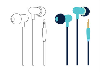 Flat vector 2d blue earphone set, earphone line art on white background isolated, earphone head set for product presentation
